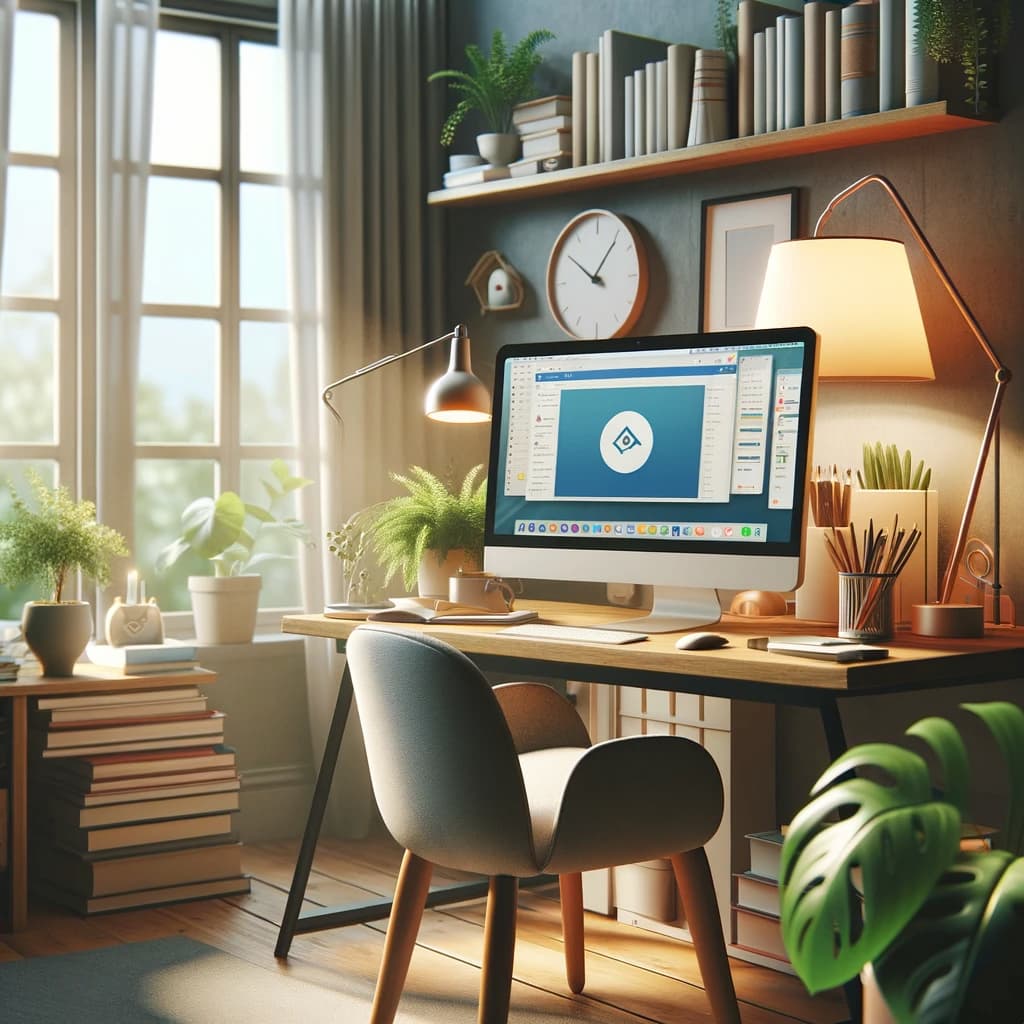 A computer on a desk near a window, providing a workspace with natural light